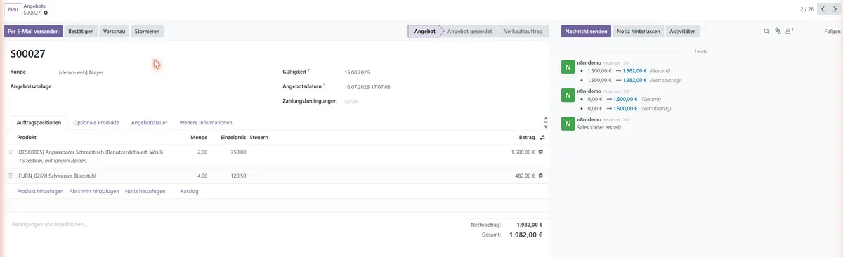 Echtes Odoo-Angebotsformular: Angebot S00027 für [demo-web] Mayer mit zwei Positionen und 1.982,00 € netto, angelegt durch den Demo-Workflow