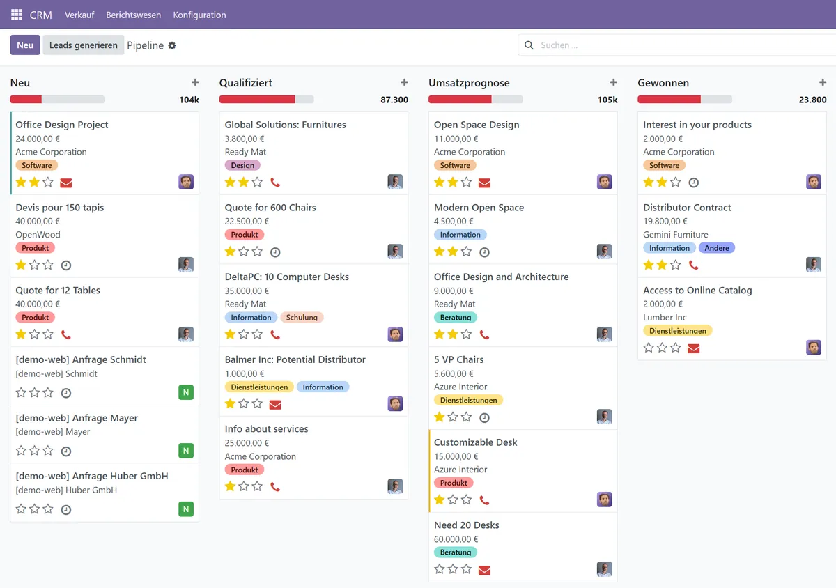 Echtes Odoo-CRM-Kanban: Die Demo-Leads von Schmidt, Mayer und Huber GmbH stehen in der Spalte Neu der Vertriebspipeline